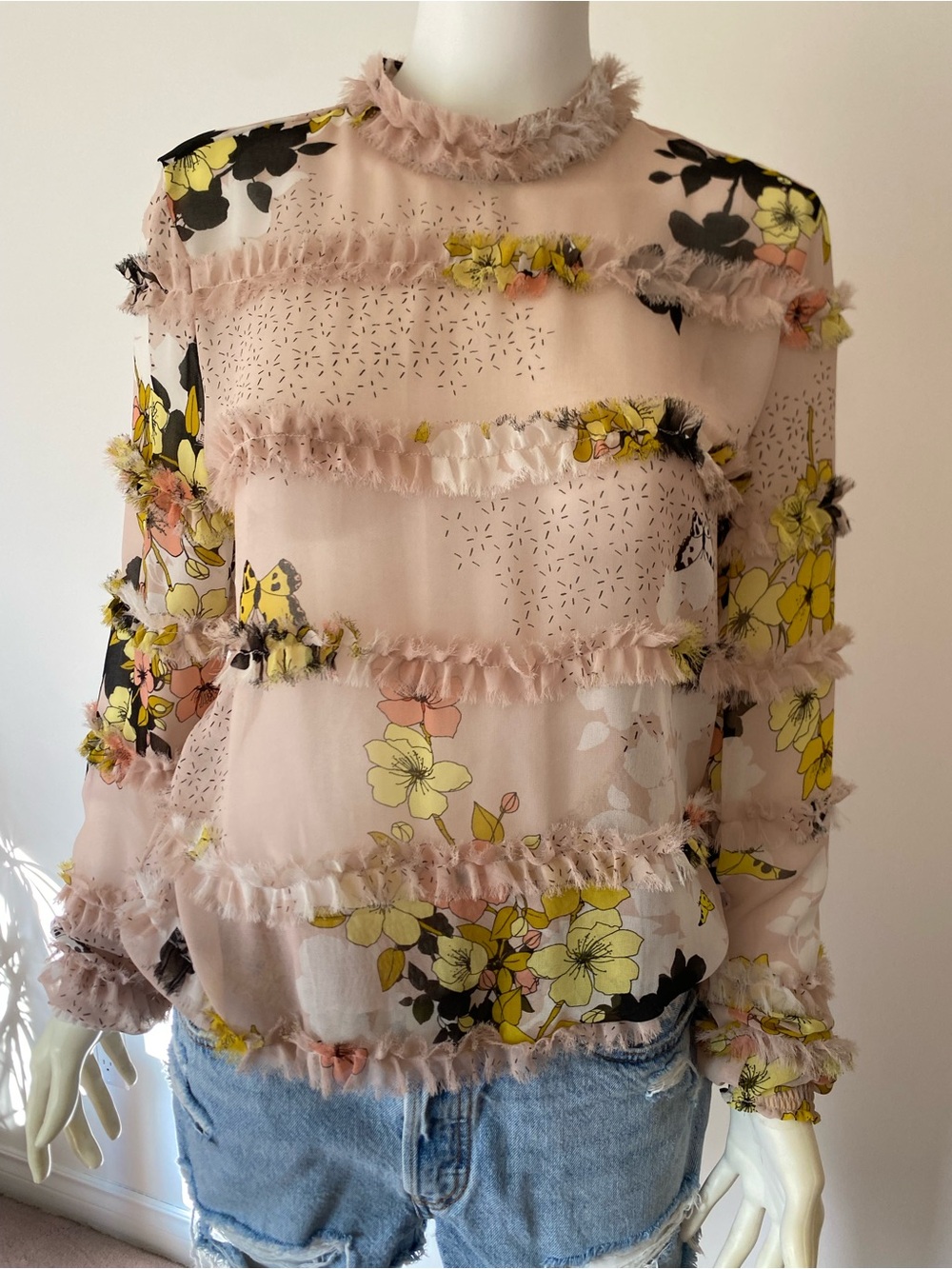 Guess Blush Sheer Floral Ruffle Blouse - Picture 1 of 9